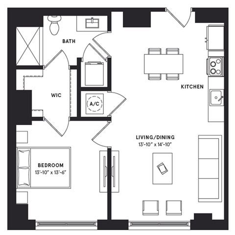 floorplan of a one bedroom luxury apartment at 29 Wyn apartments in Miami, FL